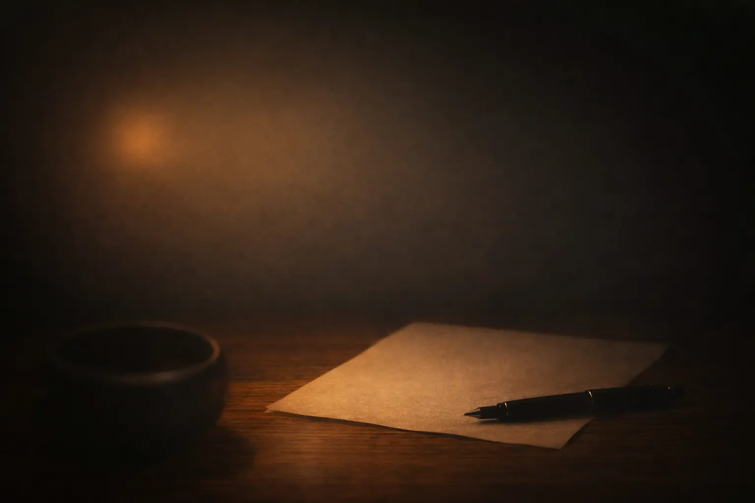 A quiet writing desk with a lamp, paper, and pen